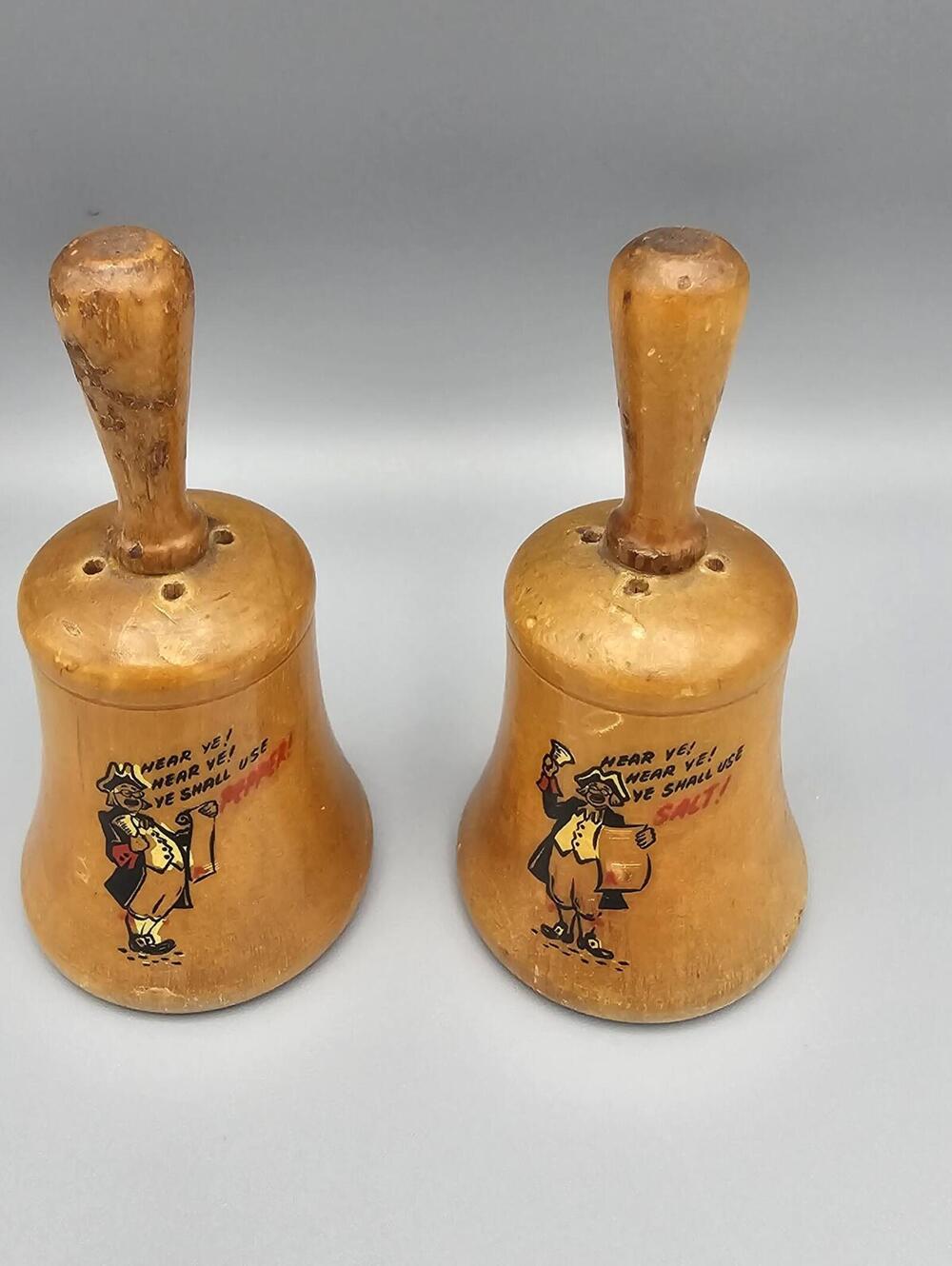 Vintage Wooden Pair of Handheld Dinner Bells with Colonial Salt Graphic